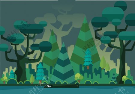 扁平化矢量森林树木插画