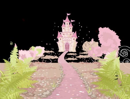 梦幻粉色童话道路城堡图案元素