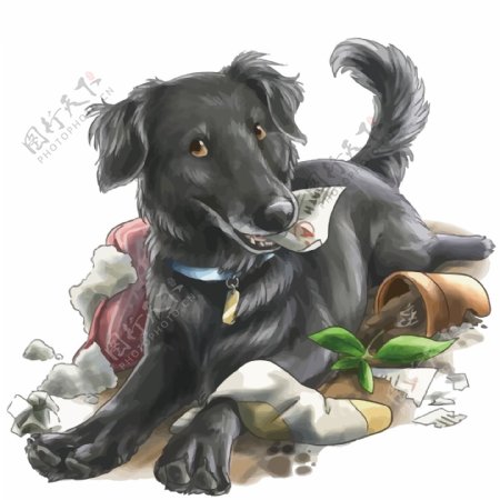 帅气黑色大型犬卡通手绘装饰元素