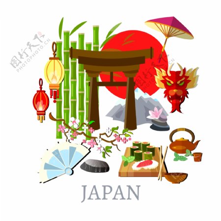 清新手绘食物日本旅游装饰元素