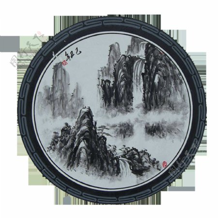 中国风圆形边框水墨山水装饰元素