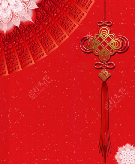 新年中国风灯笼psd海报背景中国结扇子
