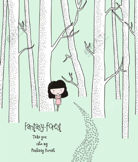 森林女孩卡通插画