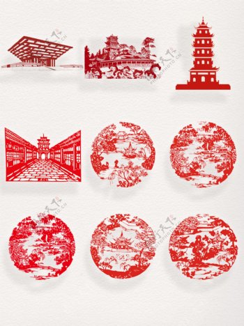 一组红色剪纸建筑元素设计