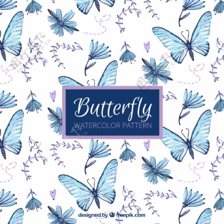 蓝色蝴蝶和花卉无缝背景矢量