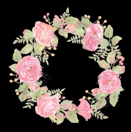 浪漫美丽粉色花朵手绘花环装饰元素