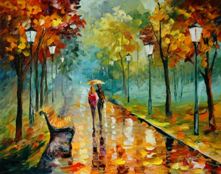 雨中散步油画