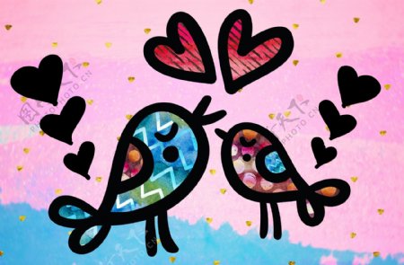 色彩缤纷鲜艳的爱情鸟装饰画PSD模板