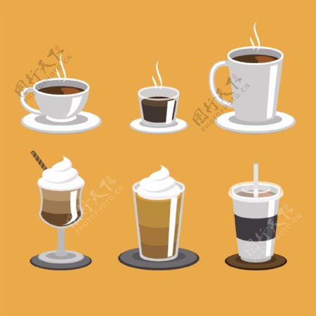 6款不同大小咖啡杯插画矢量