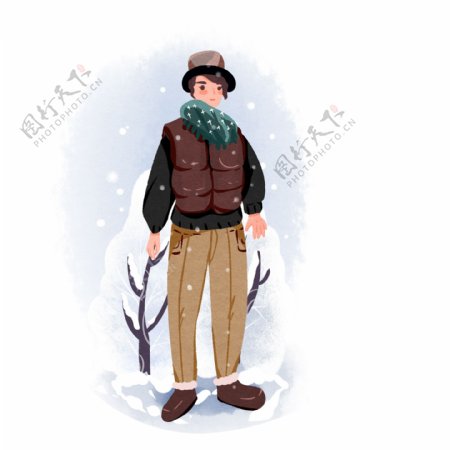 冬天冬装人物男孩下雪扁平卡通元素