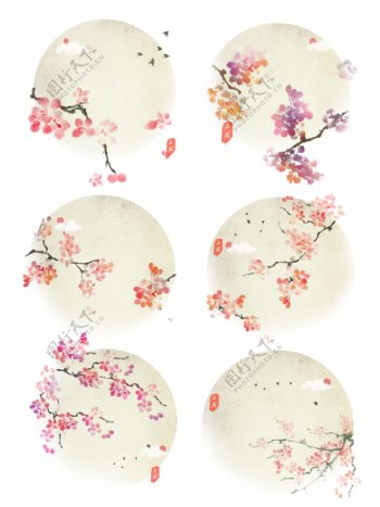 手绘桃花中国风水墨背景插画可商用元素套图