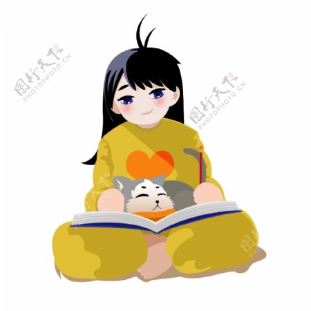 卡通女孩抱着猫咪看书原创元素