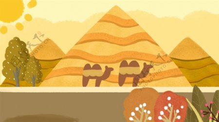 金字塔骆驼花叶太阳卡通背景