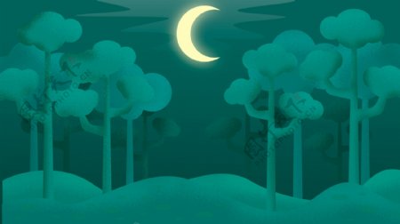 夜晚月亮树木卡通背景