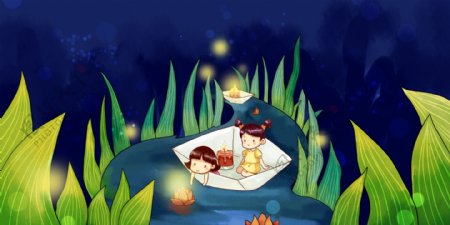 夜空下的小溪中放花灯的卡通女孩和绿叶背景