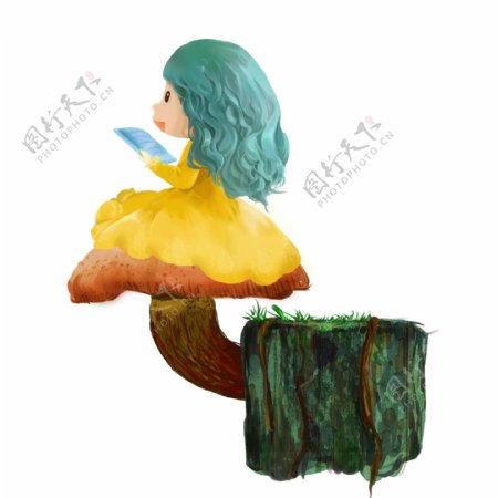 手绘卡通女孩坐在蘑菇上原创元素