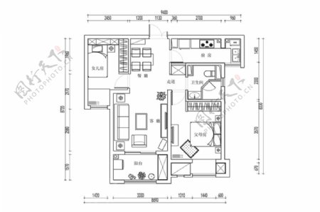 CAD两室一厅户型平面规划