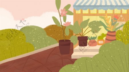 房屋庭院植物台阶卡通背影