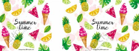 水彩风格的冰淇淋和水果背景
