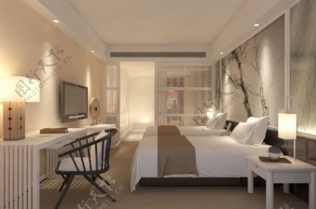 现代风格中式温馨卧室效果图模型