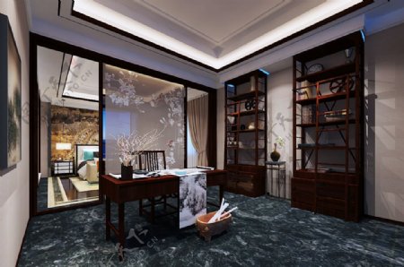 中式卧室书房3D效果图