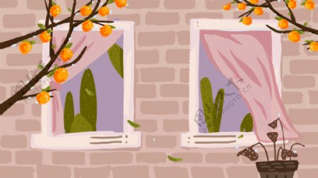 文艺复古秋季墙面山窗户柿子树背景设计