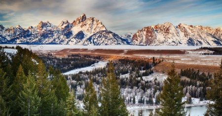 高山山峰雪山森林树林