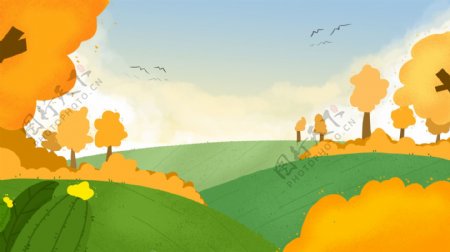 秋天黄色树木南飞的燕子卡通背景