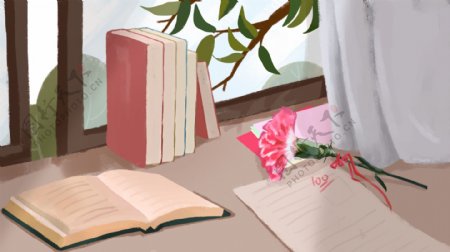 桌面上的书本花朵背景素材