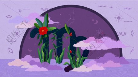 唯美紫色系云朵植物背景素材
