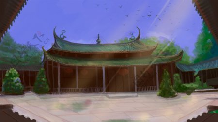 中国古代建筑院落卡通背景