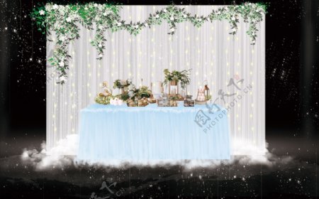 森系白色蓝色清新婚礼甜品婚礼工装效果图
