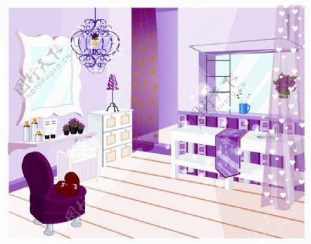 卡通少女紫色房间装饰插画