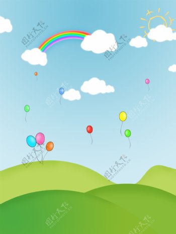 手绘蓝天白云彩虹气球背景