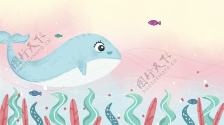 蓝色可爱卡通鲸鱼和彩色海底植物背景