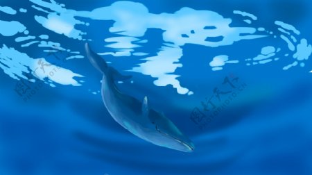 蓝色海洋中游泳的鲸鱼卡通背景