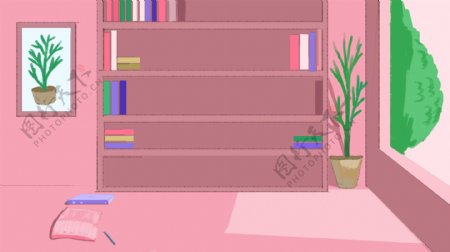 粉色书房书架绿色植物卡通背景