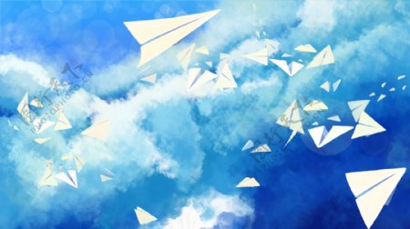 蓝天中漫天飞起的纸飞机卡通背景