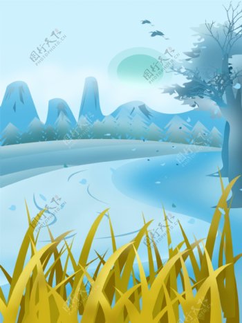 手绘卡通蓝色秋天山水风景广告背景