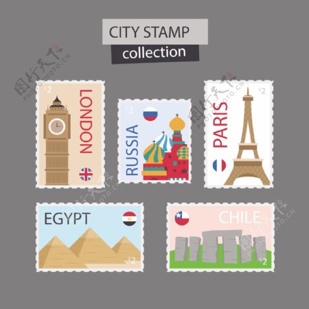 5款彩色世界标性旅游建筑邮票元素
