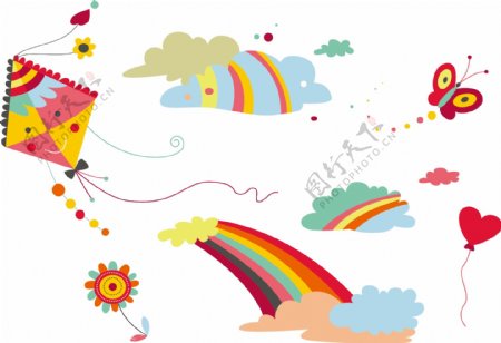扁平化彩虹和蝴蝶矢量图