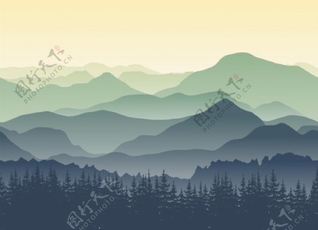 山峰森林风景画矢量图下载