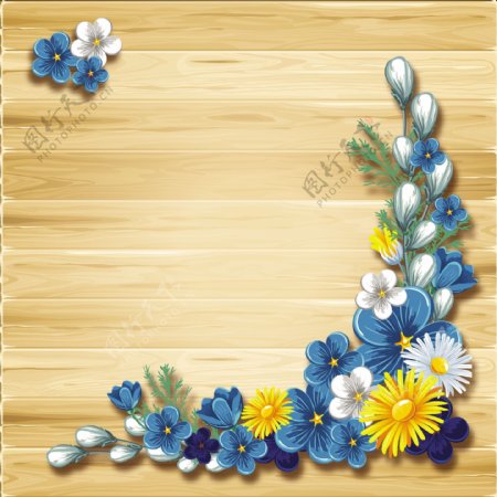 蓝色花花边和木色背景