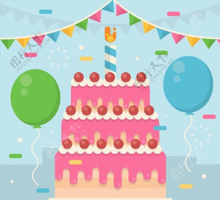 创意生日派对上的粉色生日蛋糕