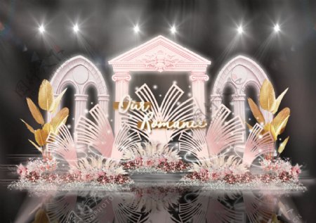 粉色宫廷罗马拱门广场银杏雕塑婚礼效果图
