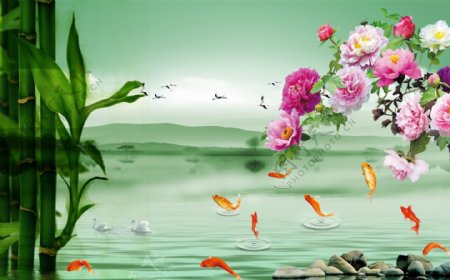 九鱼牡丹山水风景画