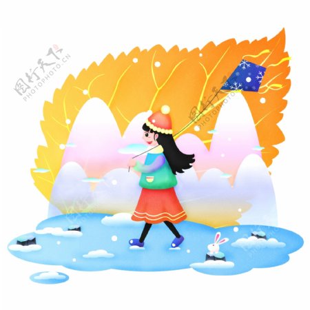 二十四节气小雪之女孩放风筝原创商用元素