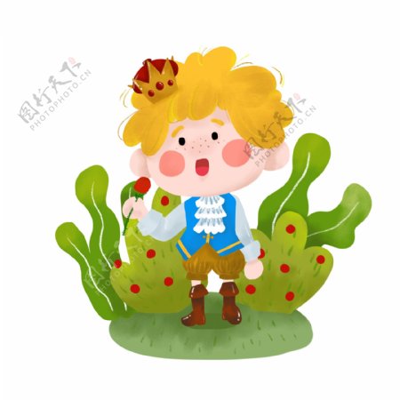 卡通手绘玫瑰植物王冠金发童话小王子