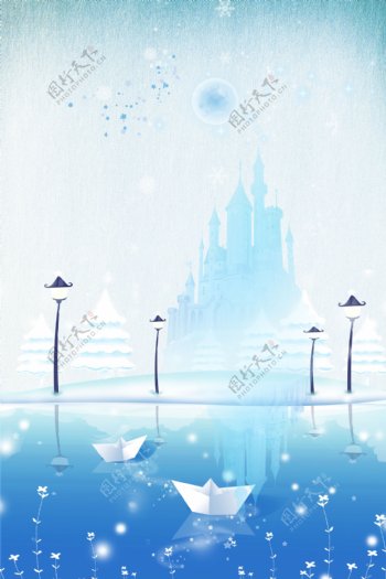 清新简约蓝色冬季风景广告背景