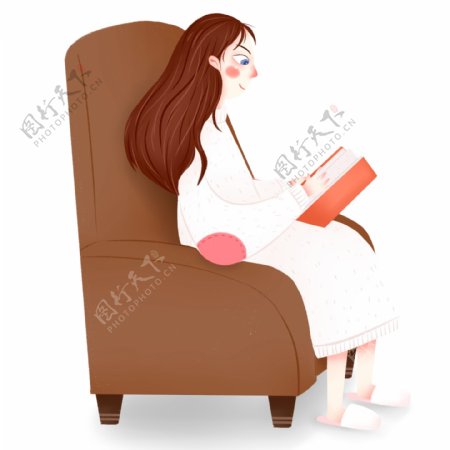 坐在沙发上看书的女孩小清新设计可商用元素